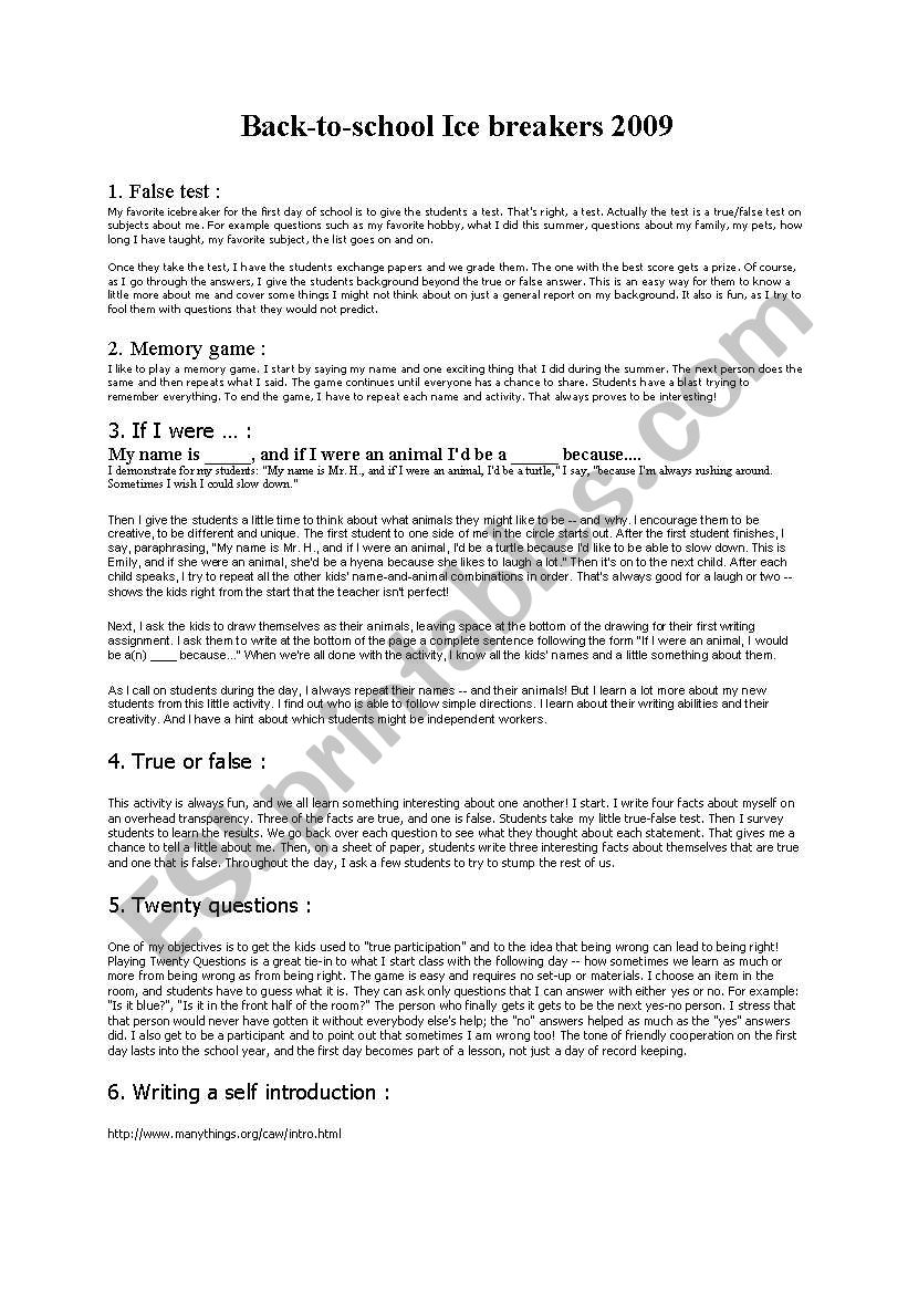 Ice breakers which work! worksheet