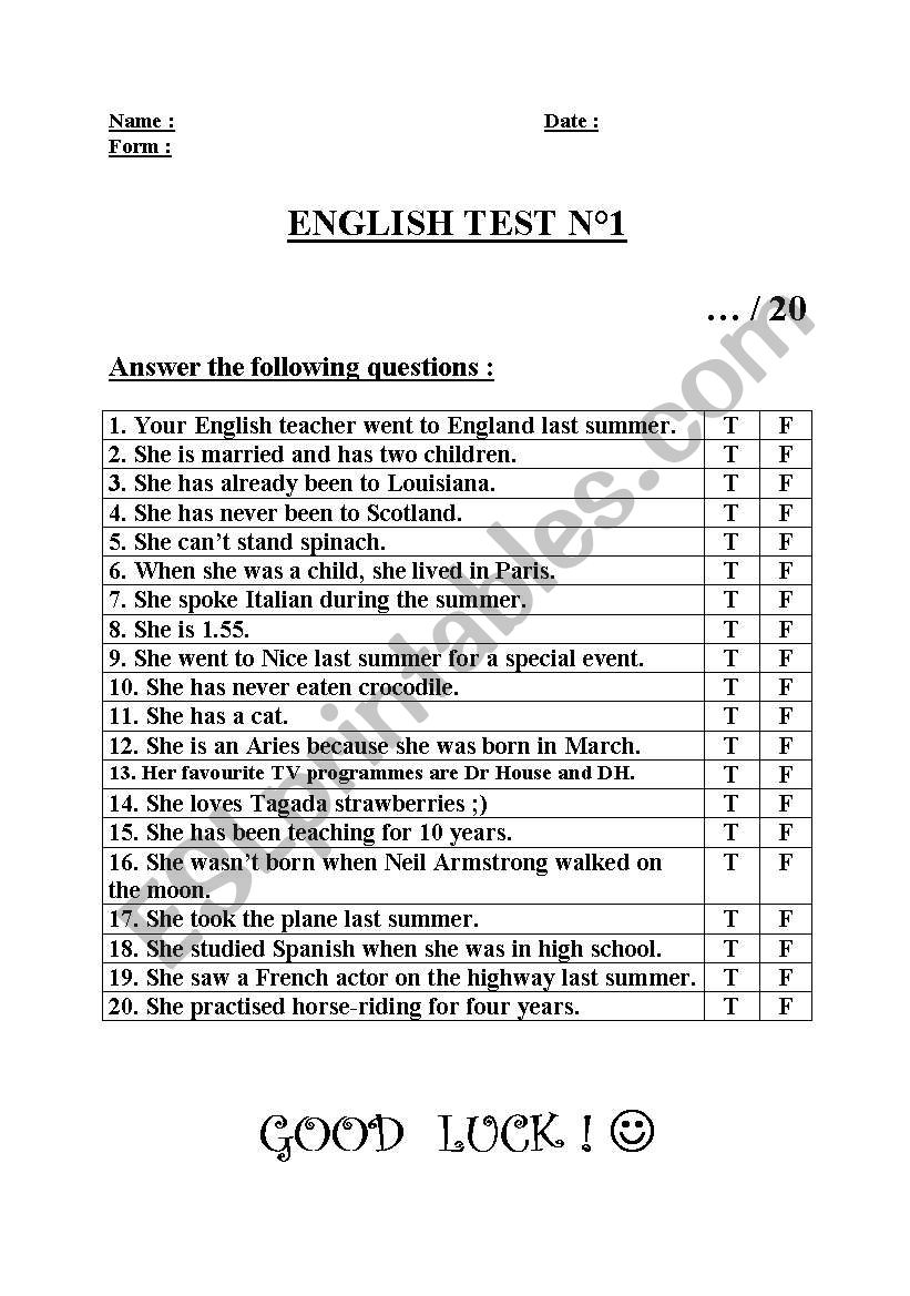 False test worksheet