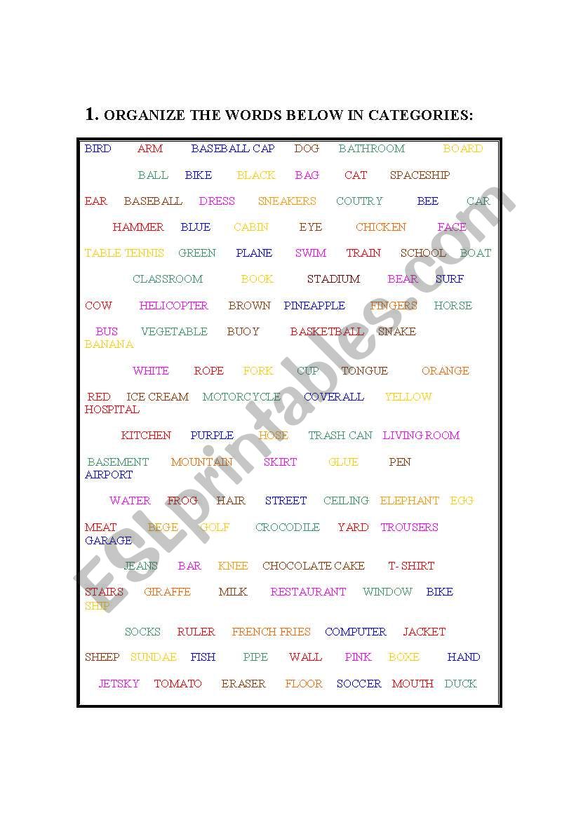 Categories worksheet
