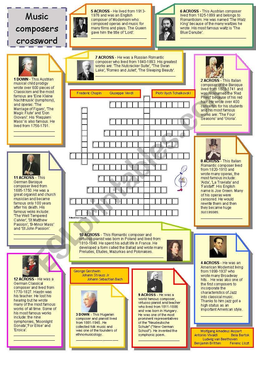 Music composers crossword worksheet