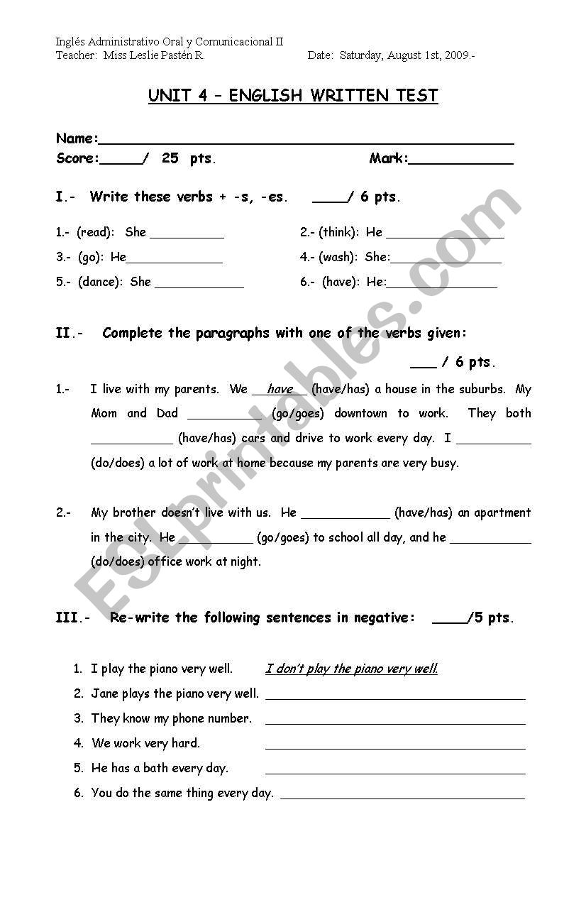 Simple present test worksheet