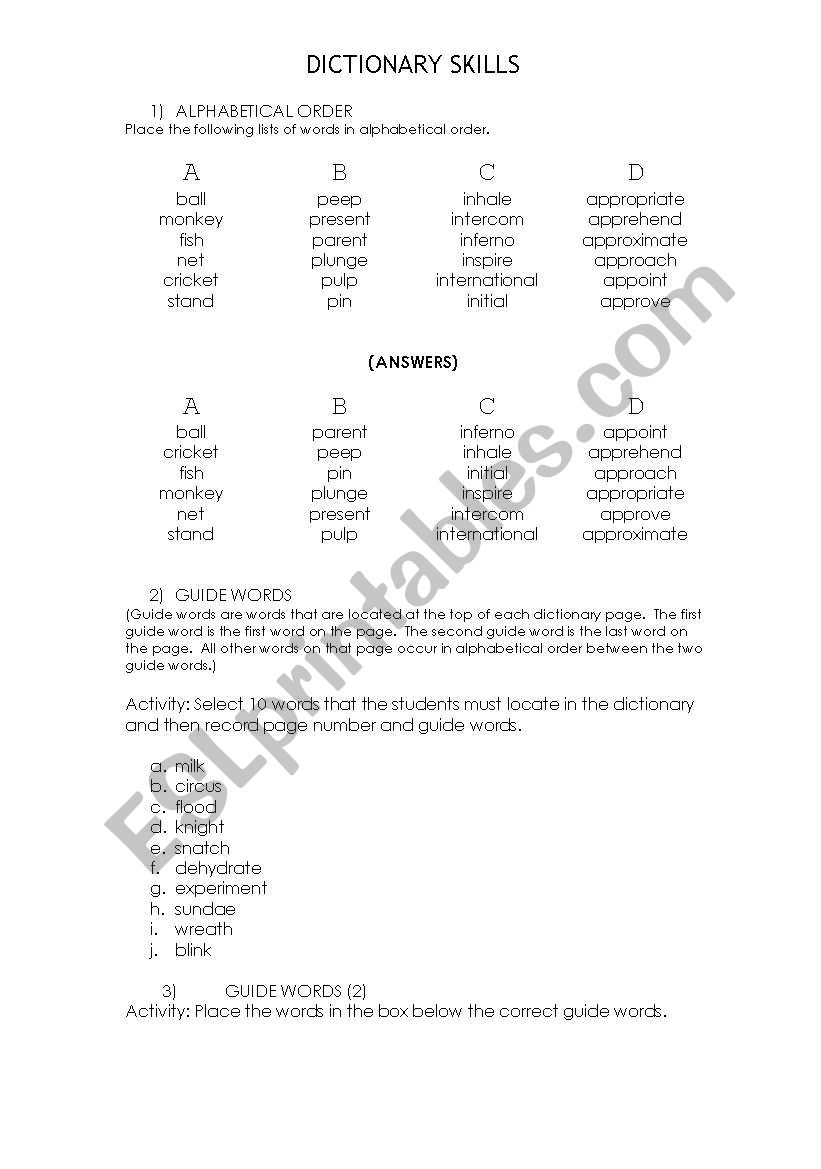 Dictionary Skills worksheet