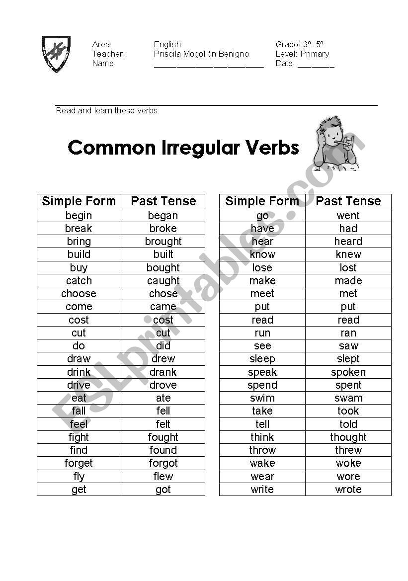 Common irregular verbs worksheet