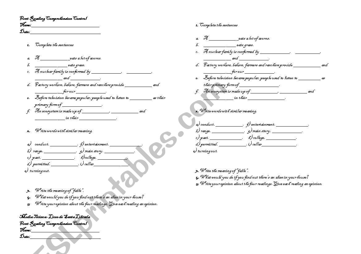 READING COMPREHENSION CONTROL worksheet