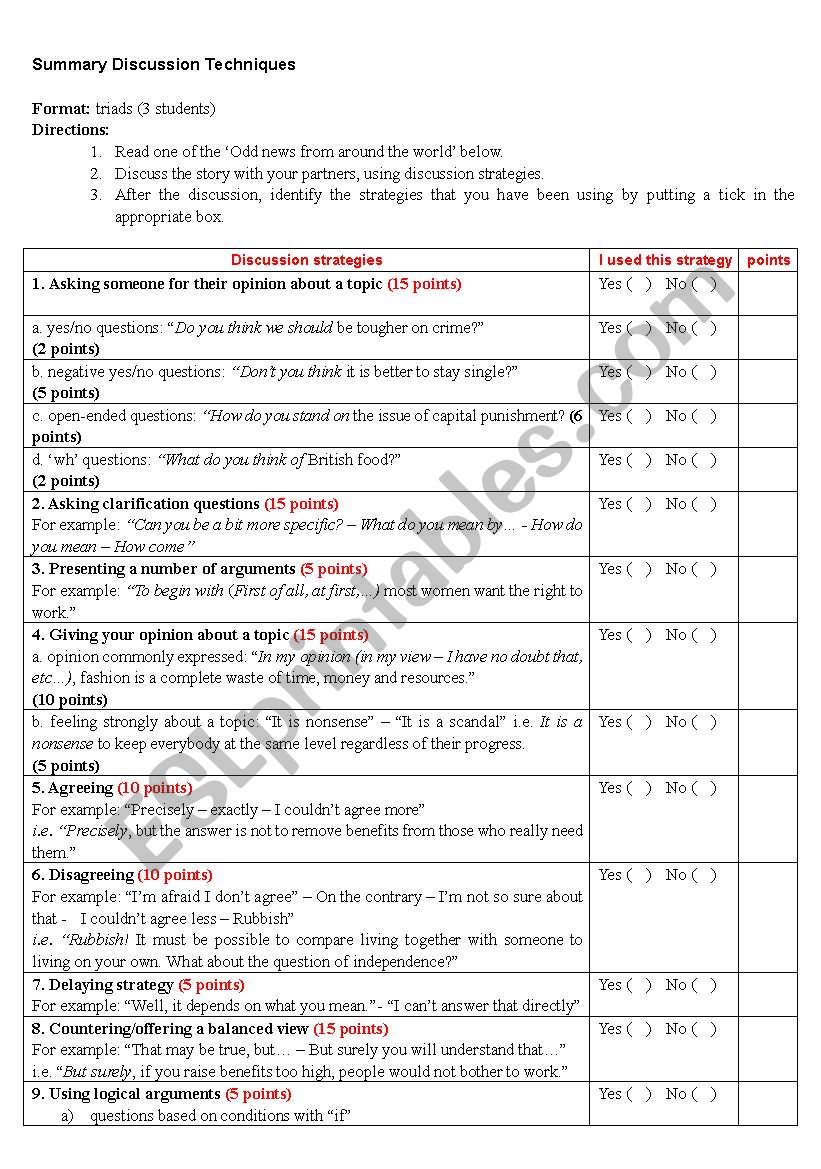 Summary Discussion Techniques worksheet