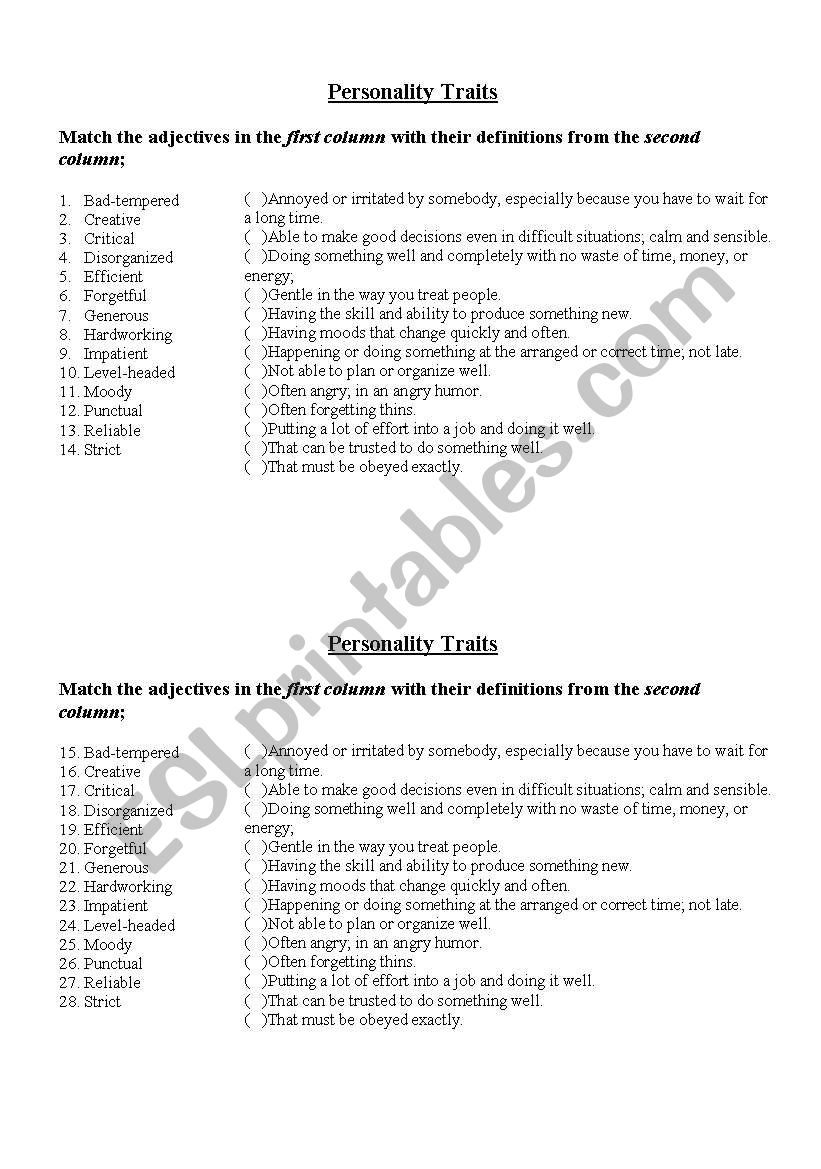 Personality Traits worksheet