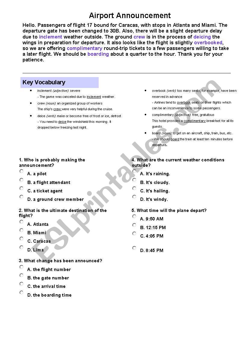 airport text and  questions worksheet