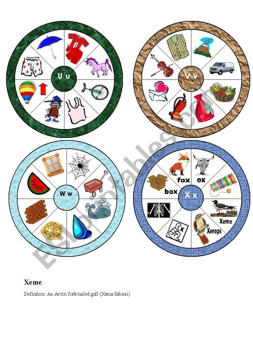 Letter Wheels U - X Part 4 of a set (One wheel for each letter of the alphabet)