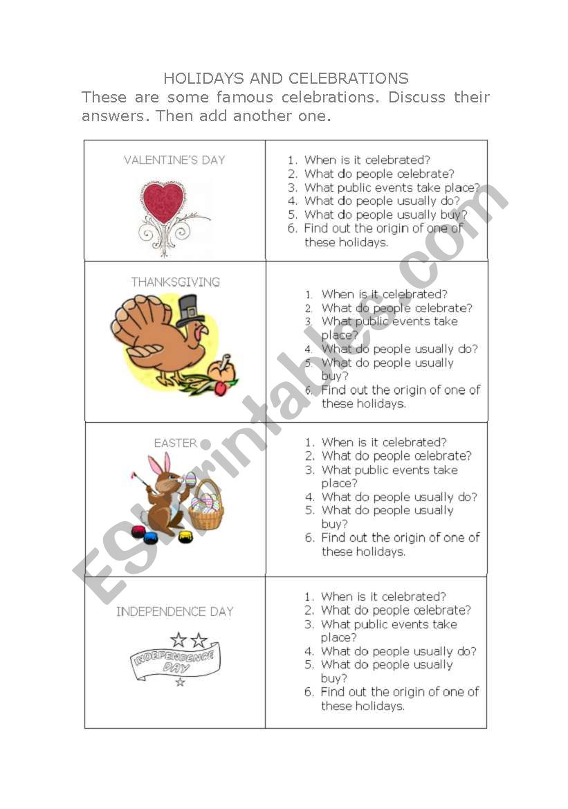 HOLIDAYS AND CELEBRATIONS worksheet