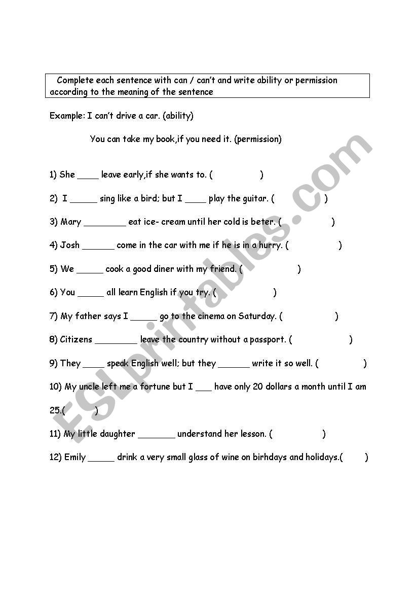 CAN CANT worksheet