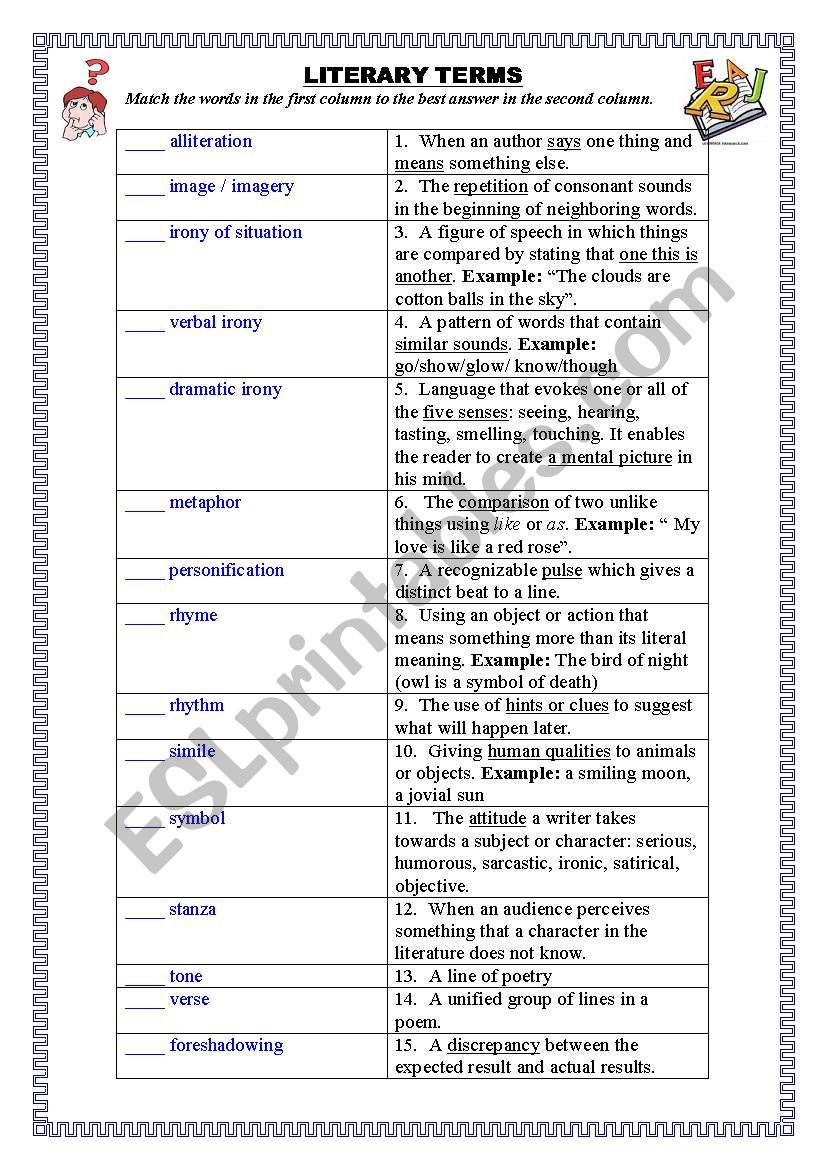 Literary Terms Worksheet Answers Ivuyteq