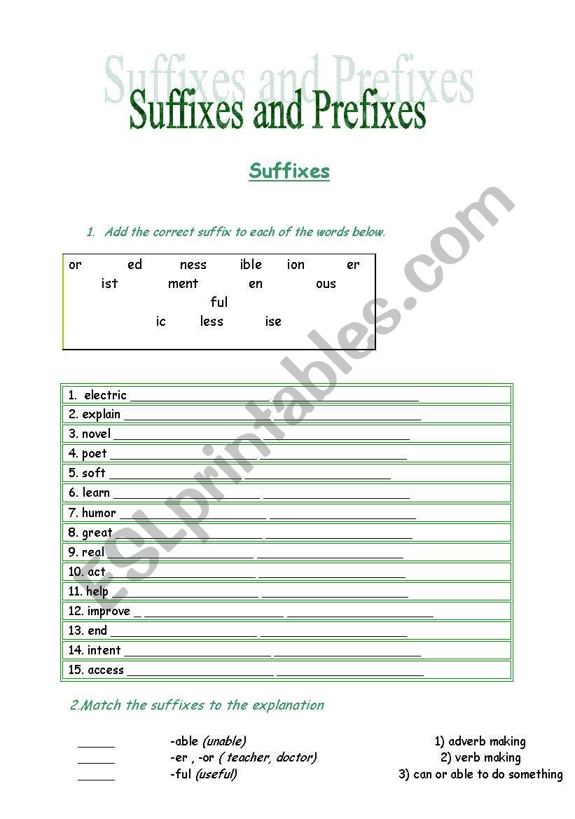 Suffixes and prefixes worksheet