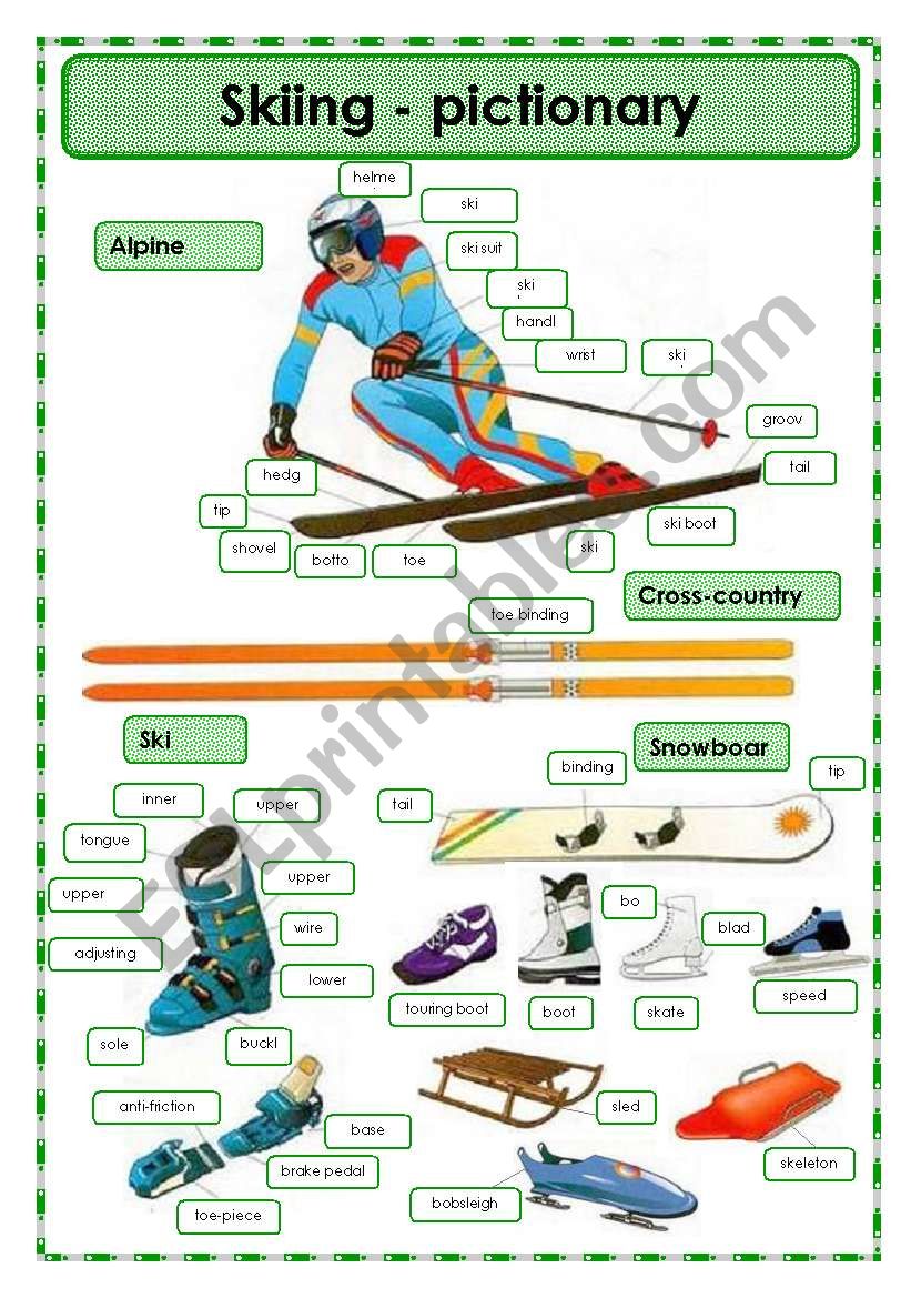 Skiing - pictionary worksheet