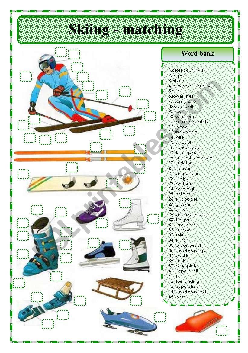 Skiing - matching exercise worksheet