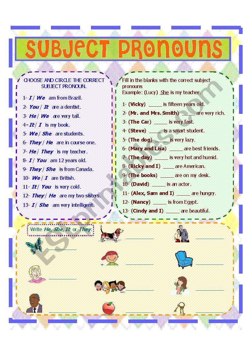 SUBJECT PRONOUNS 2 B W Version Included ESL Worksheet By CHARMED ONE