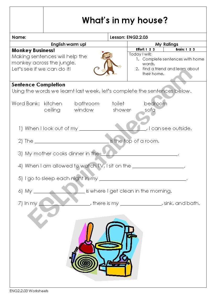 rooms in a house worksheet