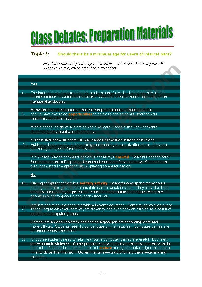 Classroom Debates: Preparation Materials