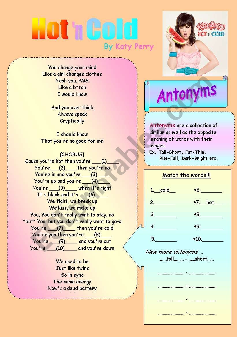 Hot n Cold song Antonyms worksheet