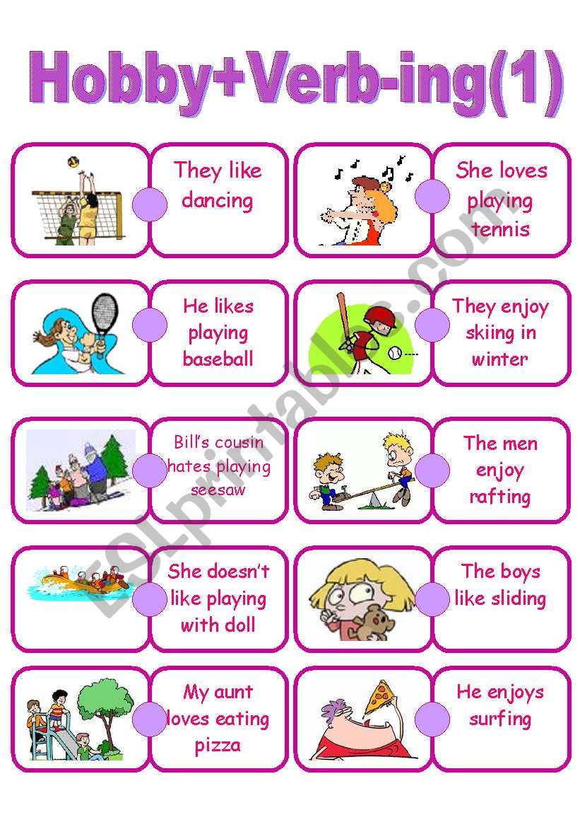 Did they like game. Verb ing Worksheets. Хобби на английском языке. Хобби на английском для детей. Карточки хобби на английском.