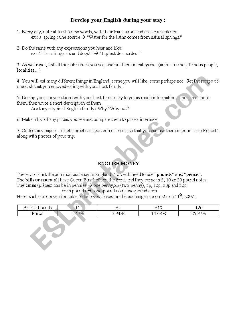 Preparing your trip to the UK worksheet