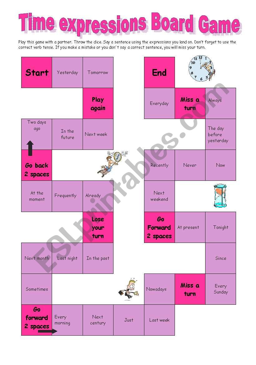 Time expressions board game worksheet