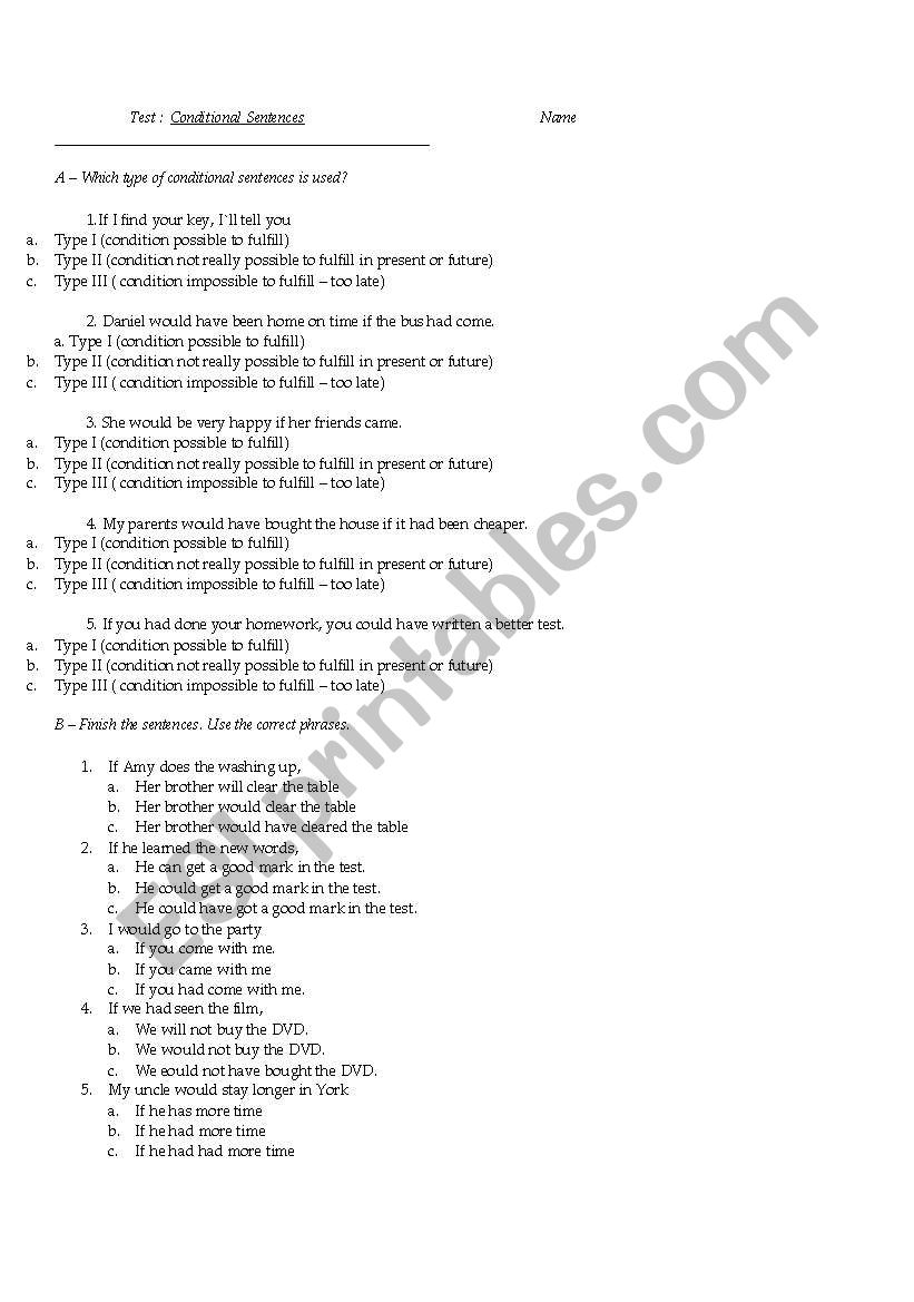 CONDITIONALS exercise/test worksheet