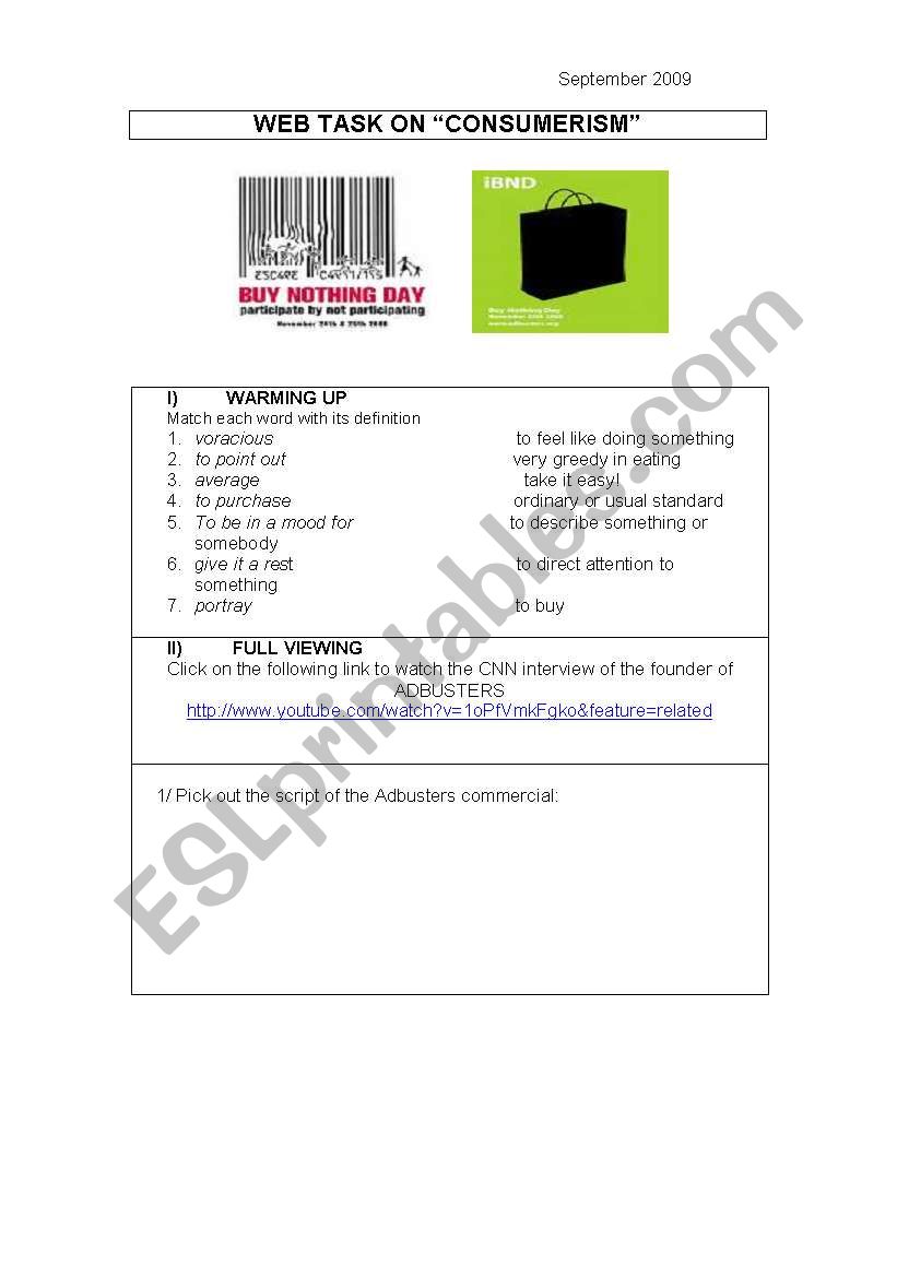 Web task on Consumerism worksheet