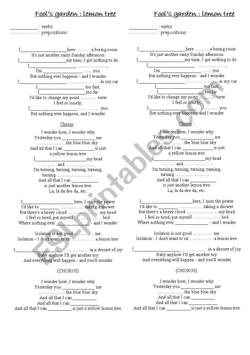 Lemon tree, Fools Garden worksheet