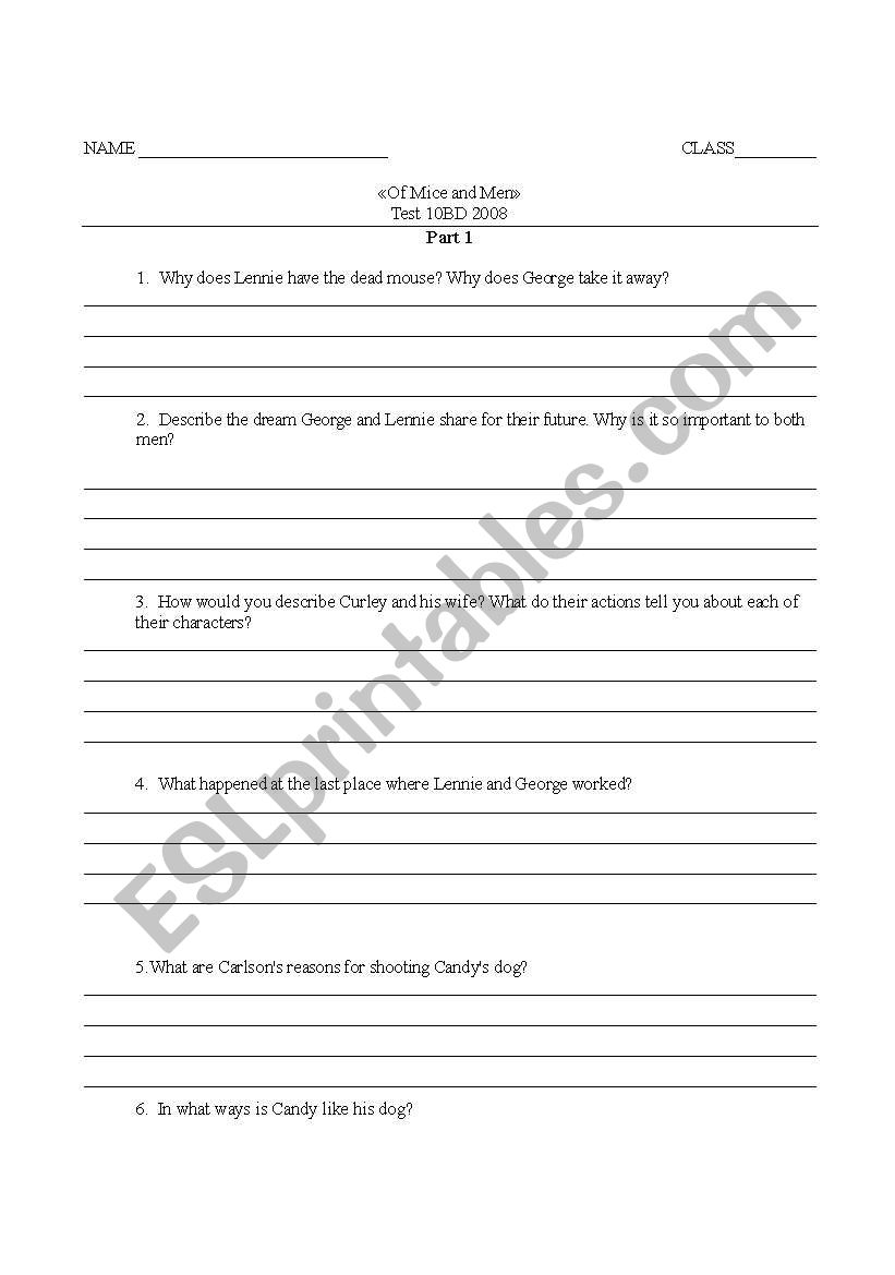 Of mice and men Test worksheet