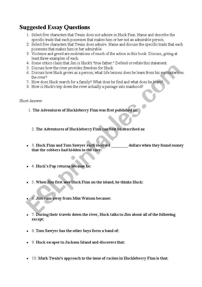 Huck Finn writing worksheet