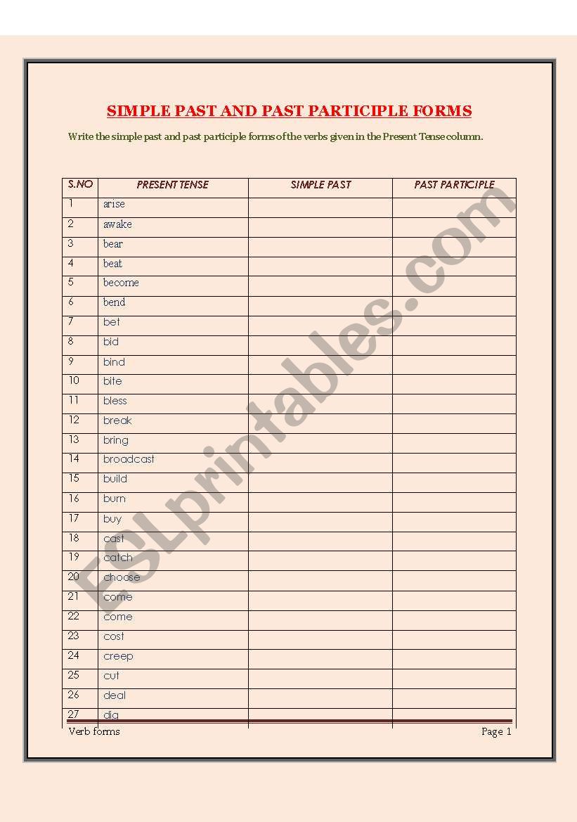 Verb Forms worksheet