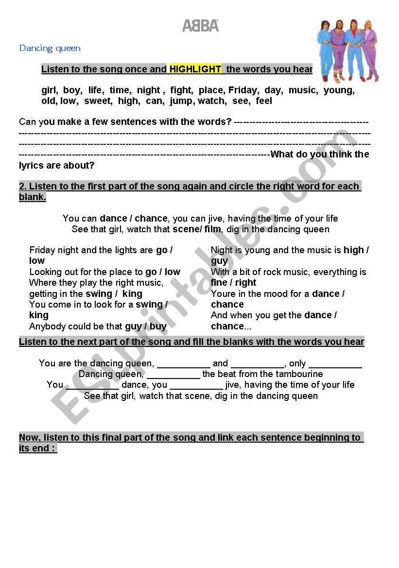 ABBA song /  dancing queen worksheet