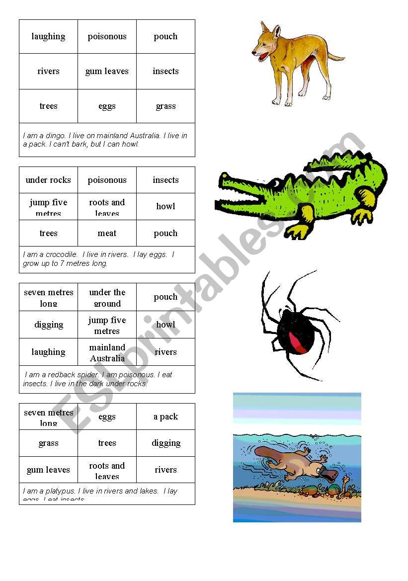 Aussie Animals Bingo 2 of 2 worksheet