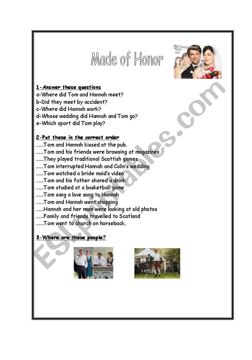 Movie: Made of Honor worksheet