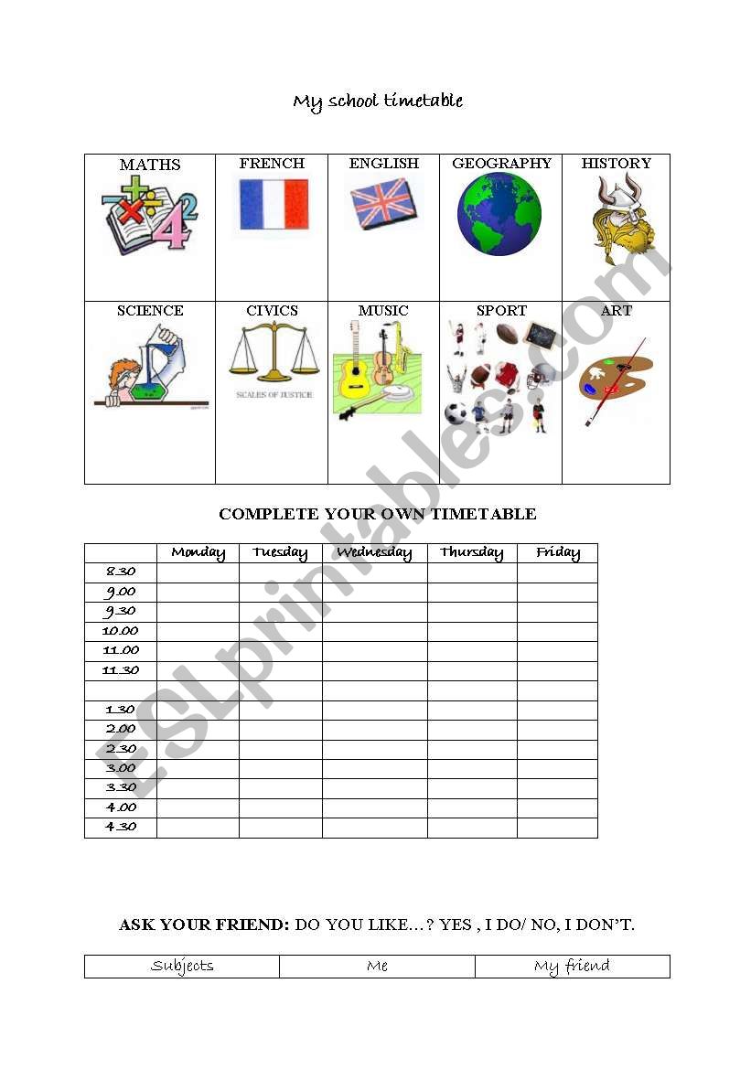 My school timetable worksheet