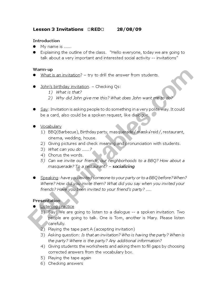 Invitations and arrangements worksheet