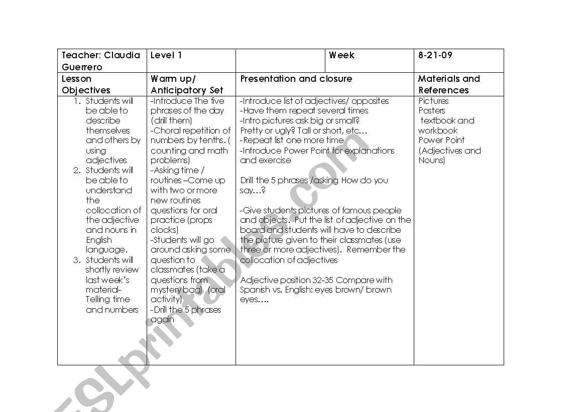 Intro to adjectives/ Lesson Plan