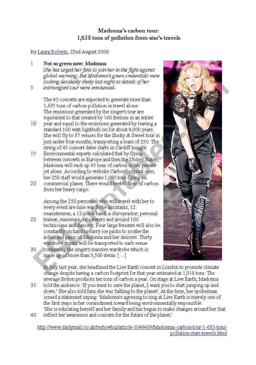 madonnas carbon tour  worksheet