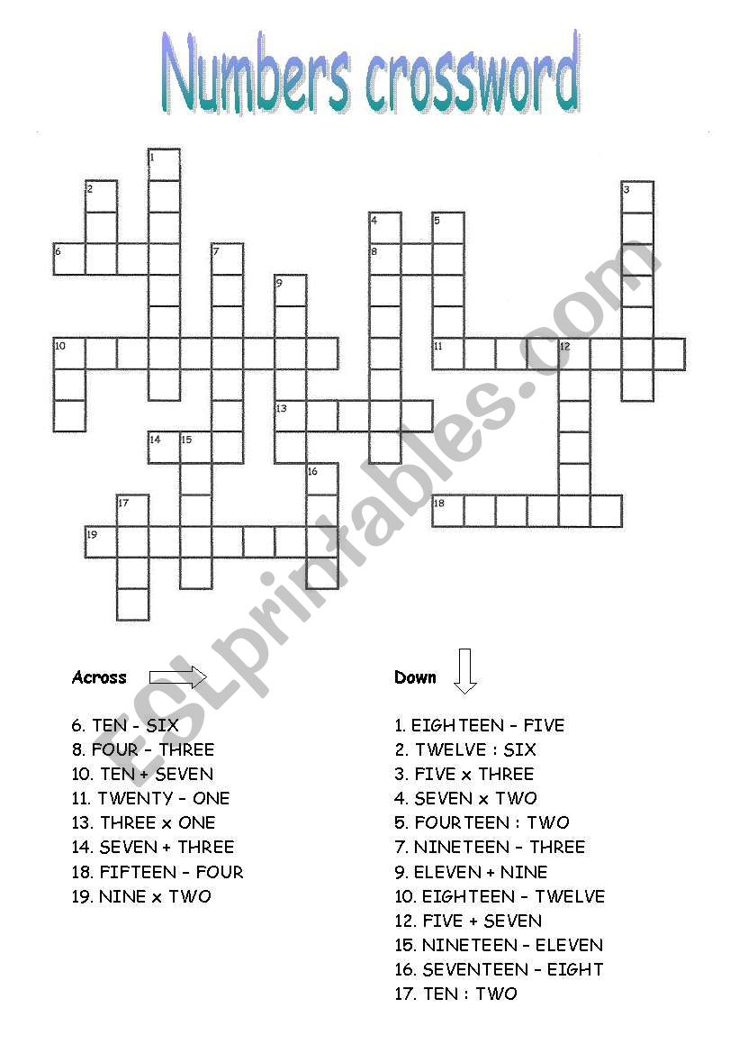 Crossword: numbers 1-20 worksheet