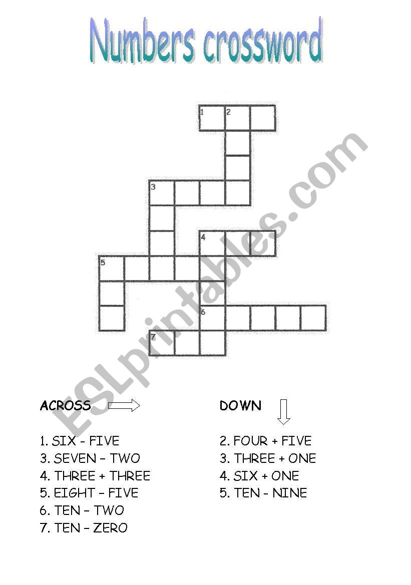 Crossword: numbers 1-10 worksheet