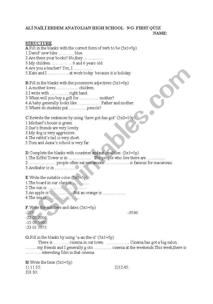 quiz for elementary students worksheet