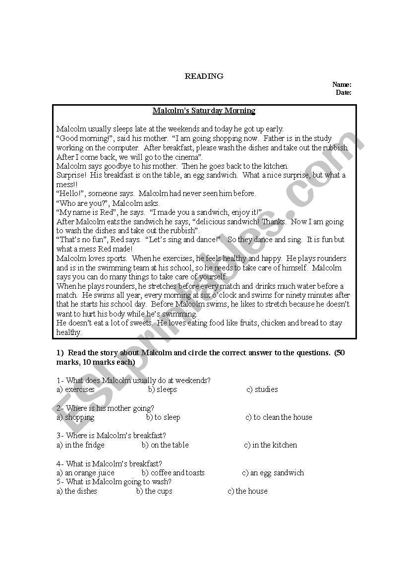 Malcoms saturday morning worksheet