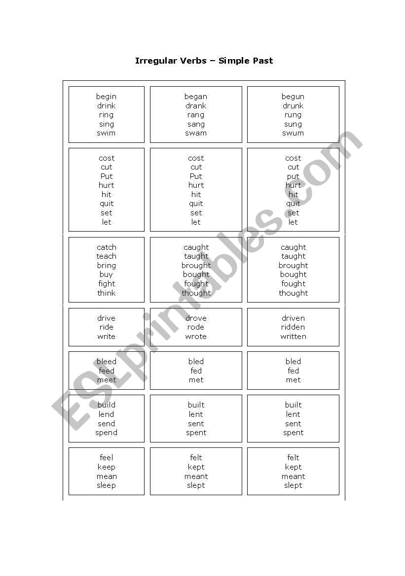 Irrugular Verbs List worksheet