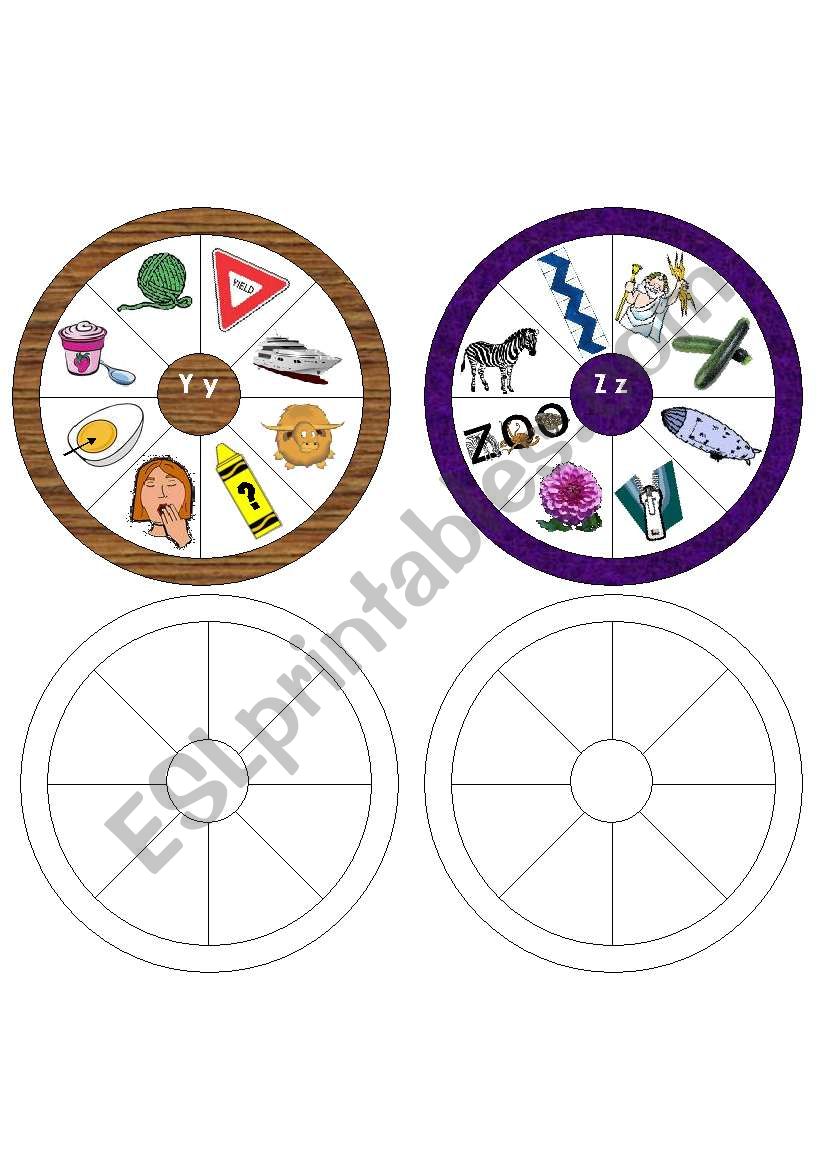 Letter Wheels Y and Z Part 5 of a set of 5 (One wheel for each letter of the alphabet)