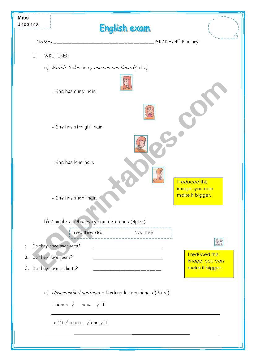 English exam 3th grade Primary