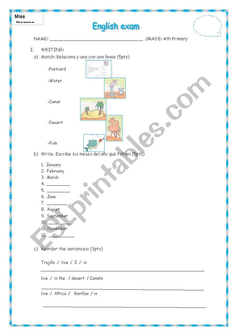 Englsih exam 4th grade primary