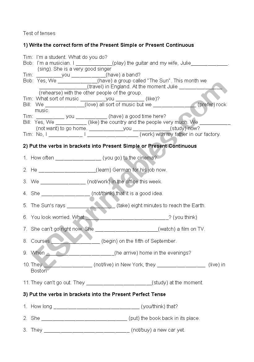 Tenses of verbs worksheet