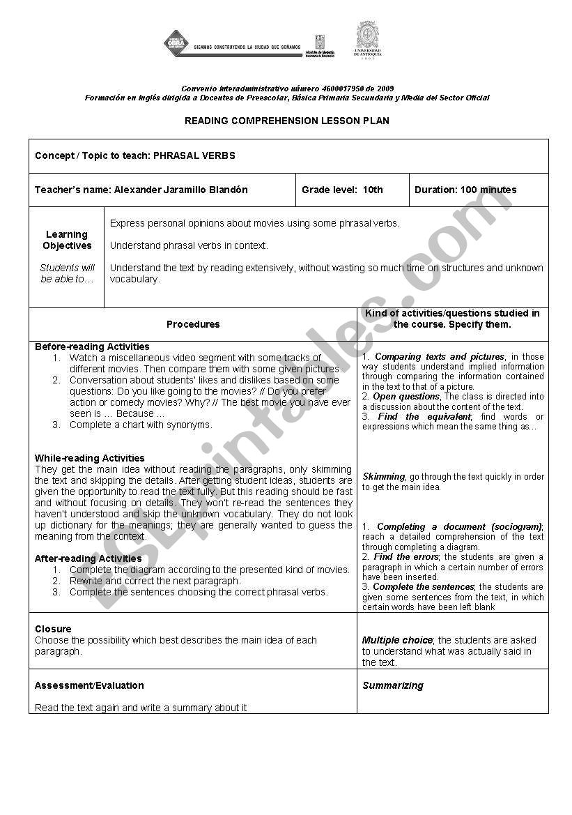 PHRASAL VERBS LESSON PLAN worksheet