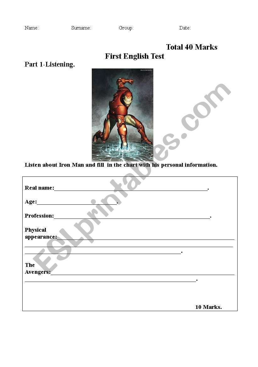 Iron man Test worksheet