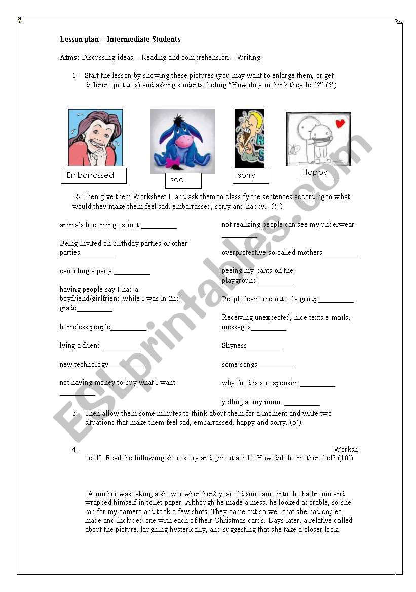 Lesson Plan- Intermediate Students- Discussing feelings, reading and writing